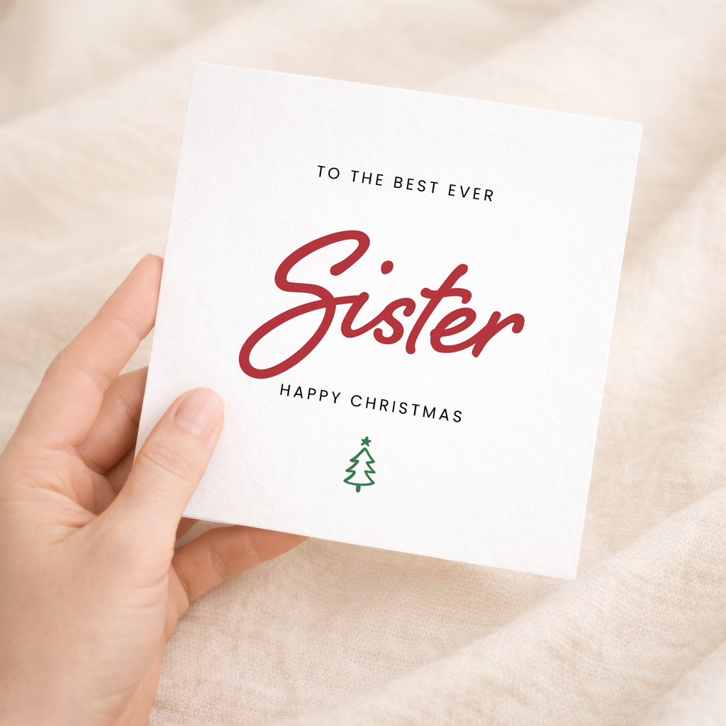 A festive Christmas greeting card for a sister featuring a "Best Sister Ever" design with decorative letters and numbers on a clean background.