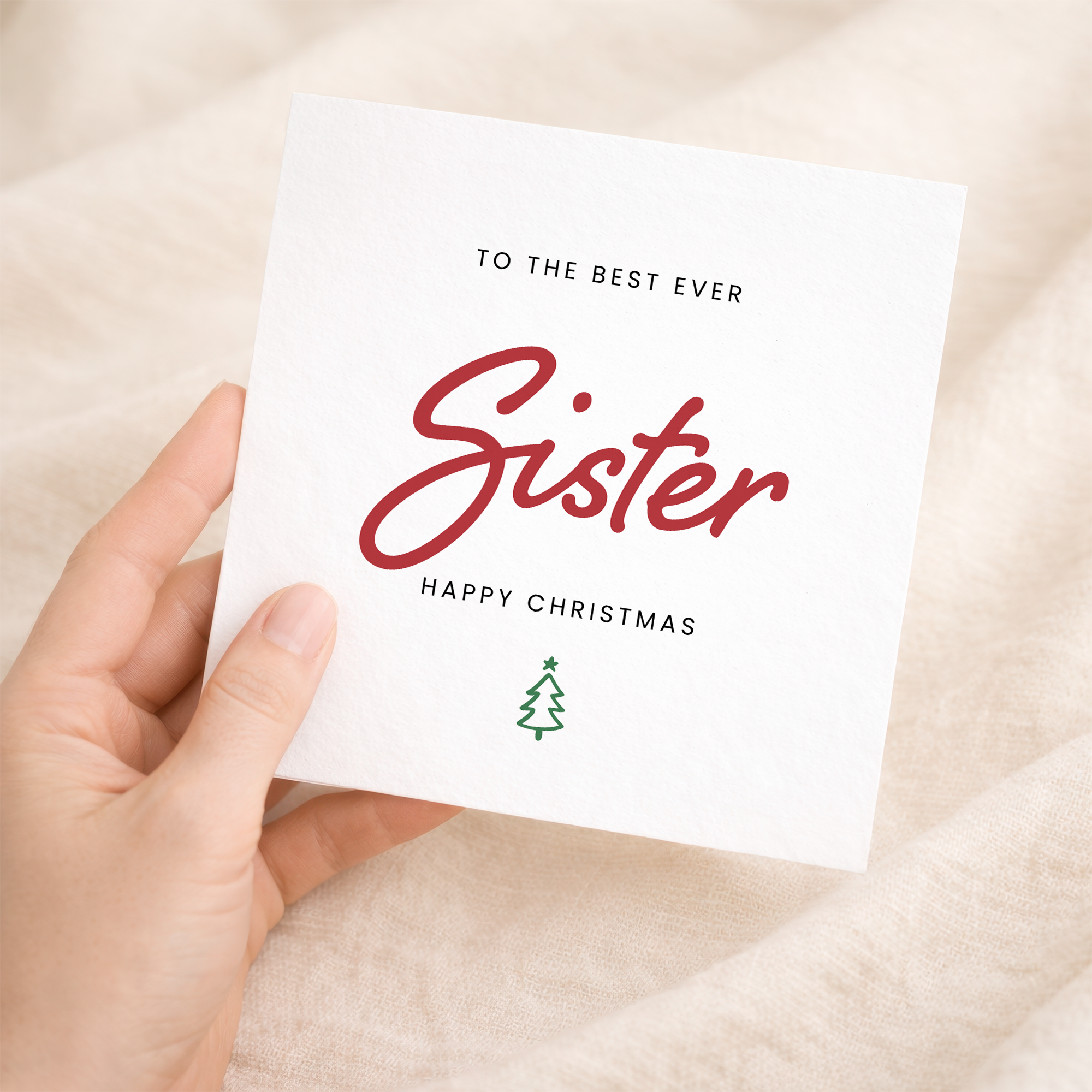 A festive Christmas greeting card for a sister featuring a "Best Sister Ever" design with decorative letters and numbers on a clean background.