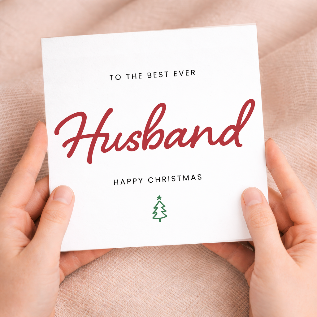 A festive Christmas greeting card for a husband featuring the text Best Husband Ever in a letters and numbers design on a white background.