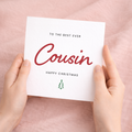 A festive and stylish Christmas greeting card for a cousin featuring a modern "Best Cousin Ever" typographic design on a clean white background.