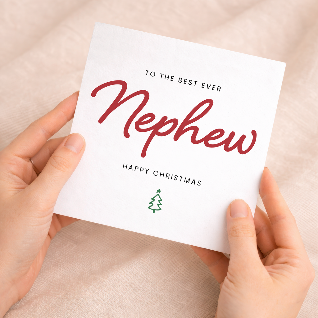 A festive Christmas greeting card for a nephew featuring the text Best Nephew Ever in a Letters and Numbers design on a white background.