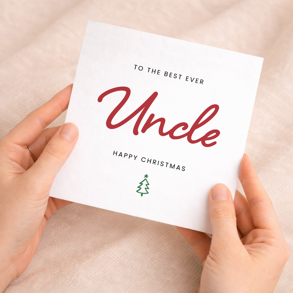 A festive Christmas greeting card for an uncle featuring a simple typographic design with the text Best Uncle Ever on a white background.