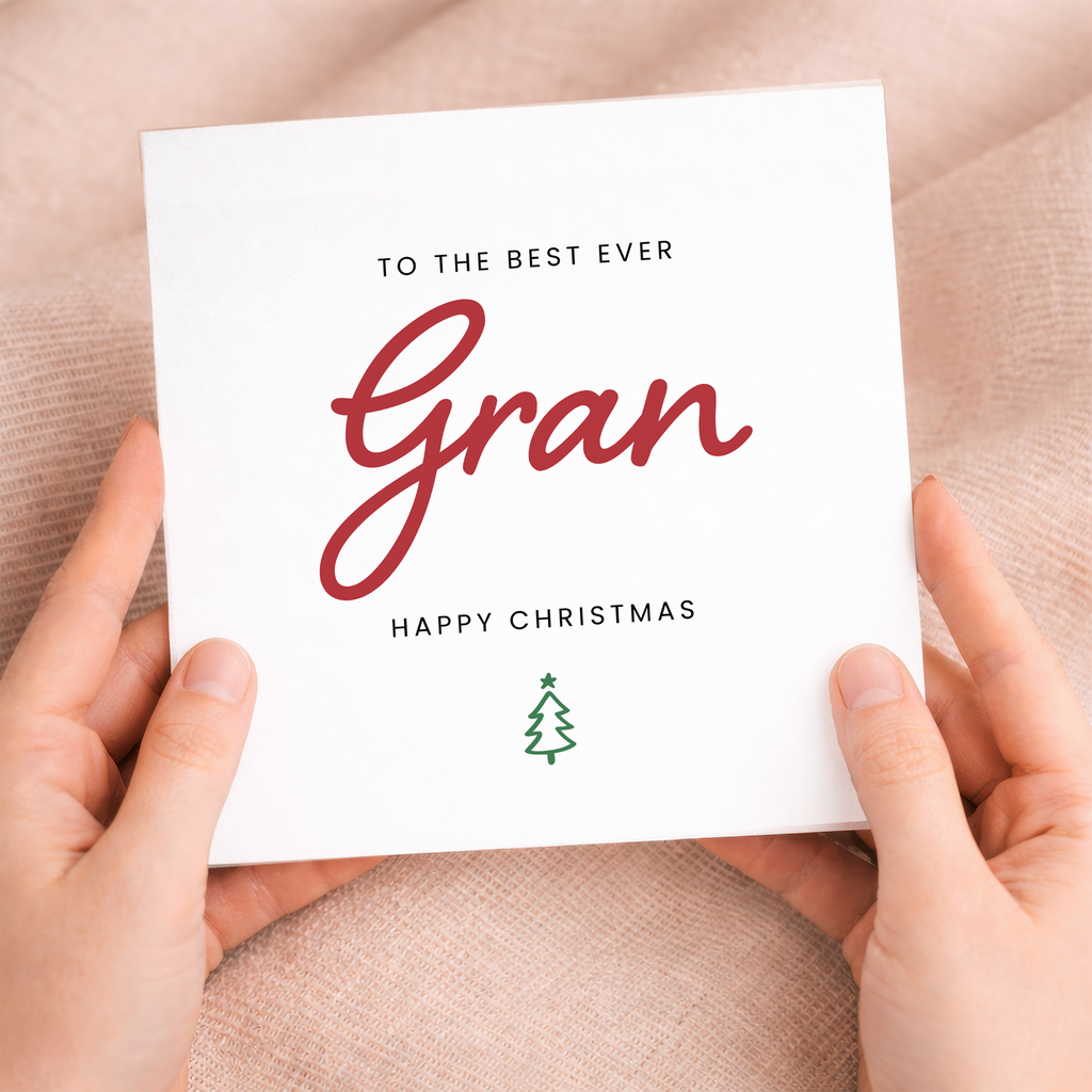 A simple and cute Christmas greeting card for Gran featuring the text Best Gran Ever in a letters and numbers design on a white background.