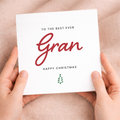 A simple and cute Christmas greeting card for Gran featuring the text Best Gran Ever in a letters and numbers design on a white background.