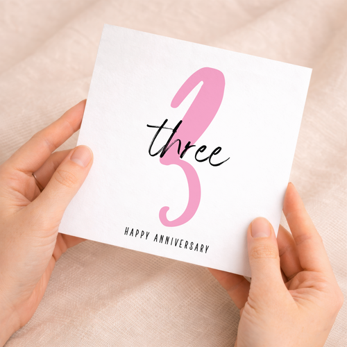 A charming 3rd wedding anniversary card featuring the number three in a decorative floral design on a clean white background.