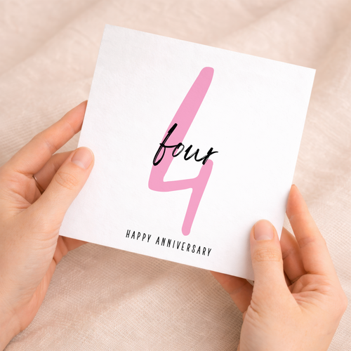 A simple and romantic 4th wedding anniversary greeting card for him or her featuring a letters and numbers design on a white background.