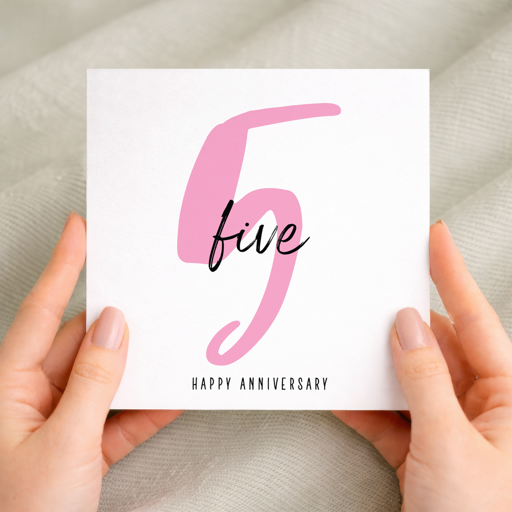 A romantic 5th Wedding Anniversary greeting card for him or her featuring a modern typographic design on a white background.