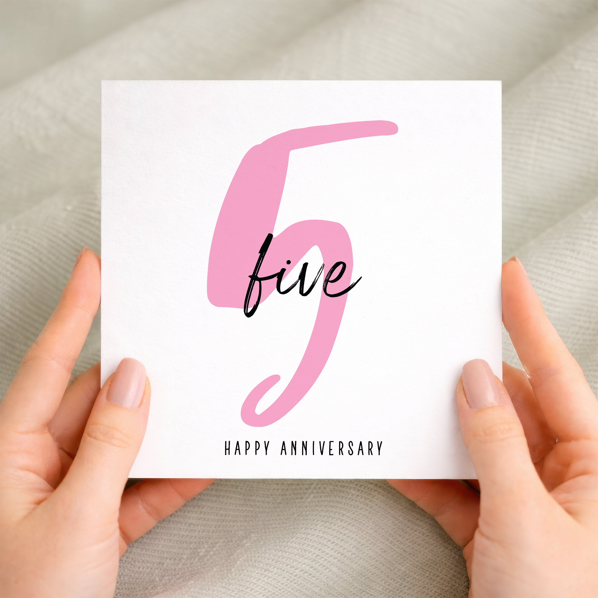 A romantic 5th Wedding Anniversary greeting card for him or her featuring a modern typographic design on a white background.