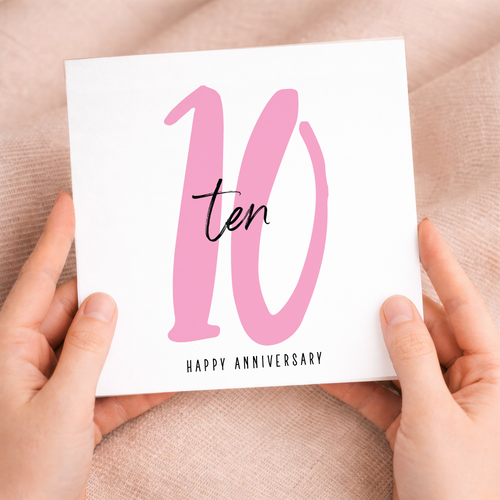 A sophisticated 10th wedding anniversary card featuring a minimalist design for a husband or wife, accompanied by a brown kraft envelope.