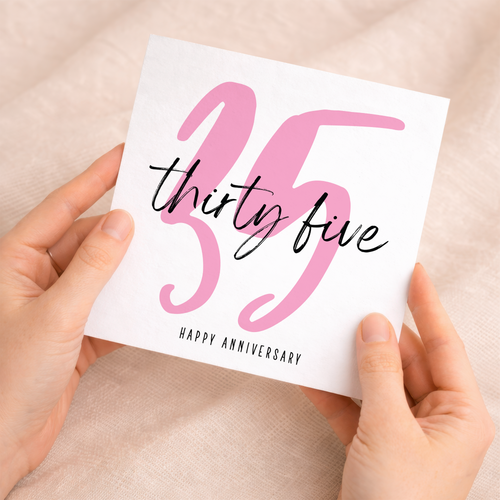 A 35th wedding anniversary greeting card featuring a simple letters and numbers design on a white background.