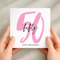 An elegant 50th wedding anniversary greeting card featuring a stylish 50 design on a white background.