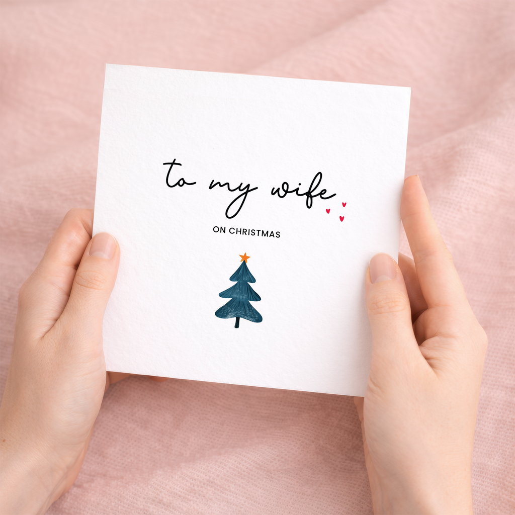 A unique and eco-friendly Christmas greeting card for a wife featuring a letters and numbers design on a white background.