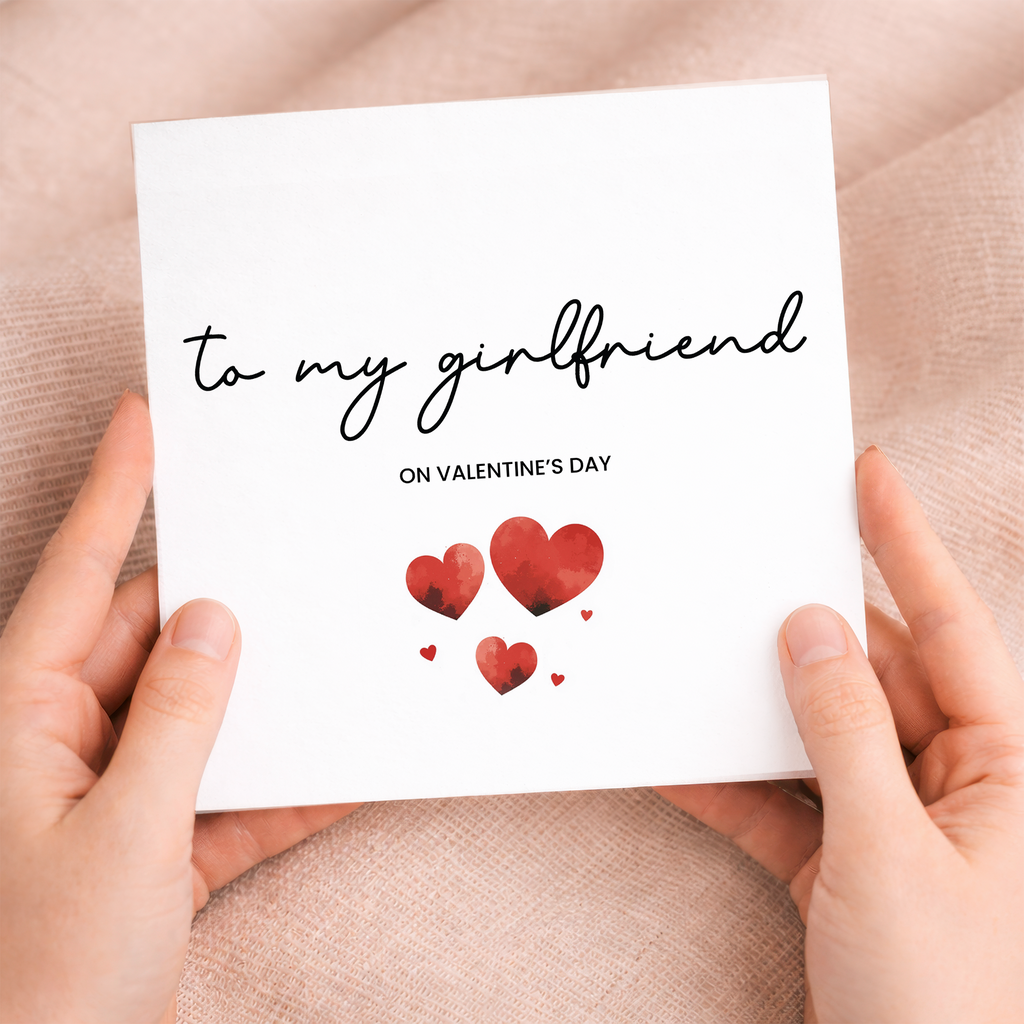 A cute and simple Valentine's Day greeting card for a girlfriend featuring a romantic design on a white background.