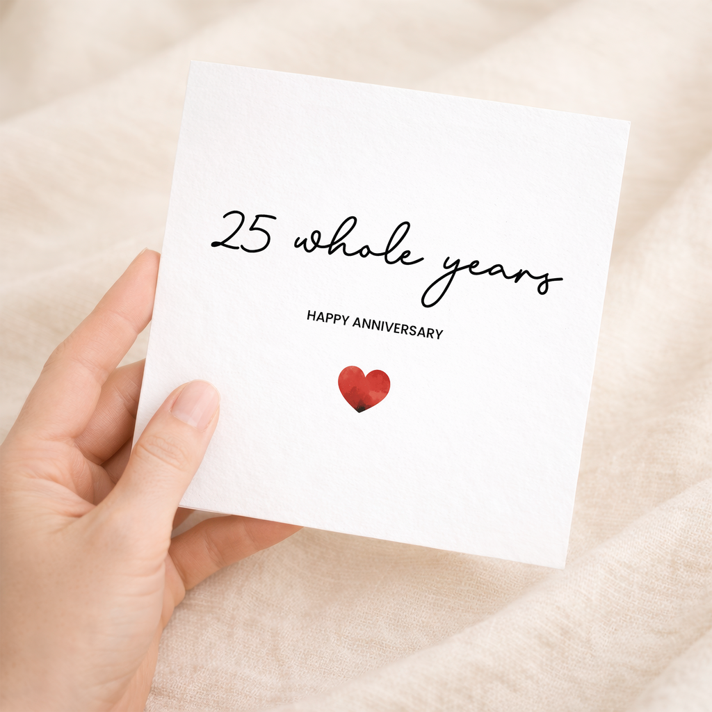 Modern 25th anniversary card featuring a simple love heart design with a clean, contemporary aesthetic for a spouse or partner.