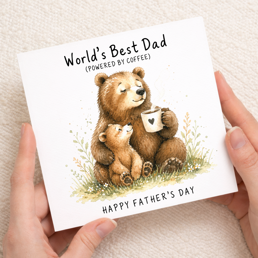 Father's Day Card World's Best Dad Bear Powered By Coffee