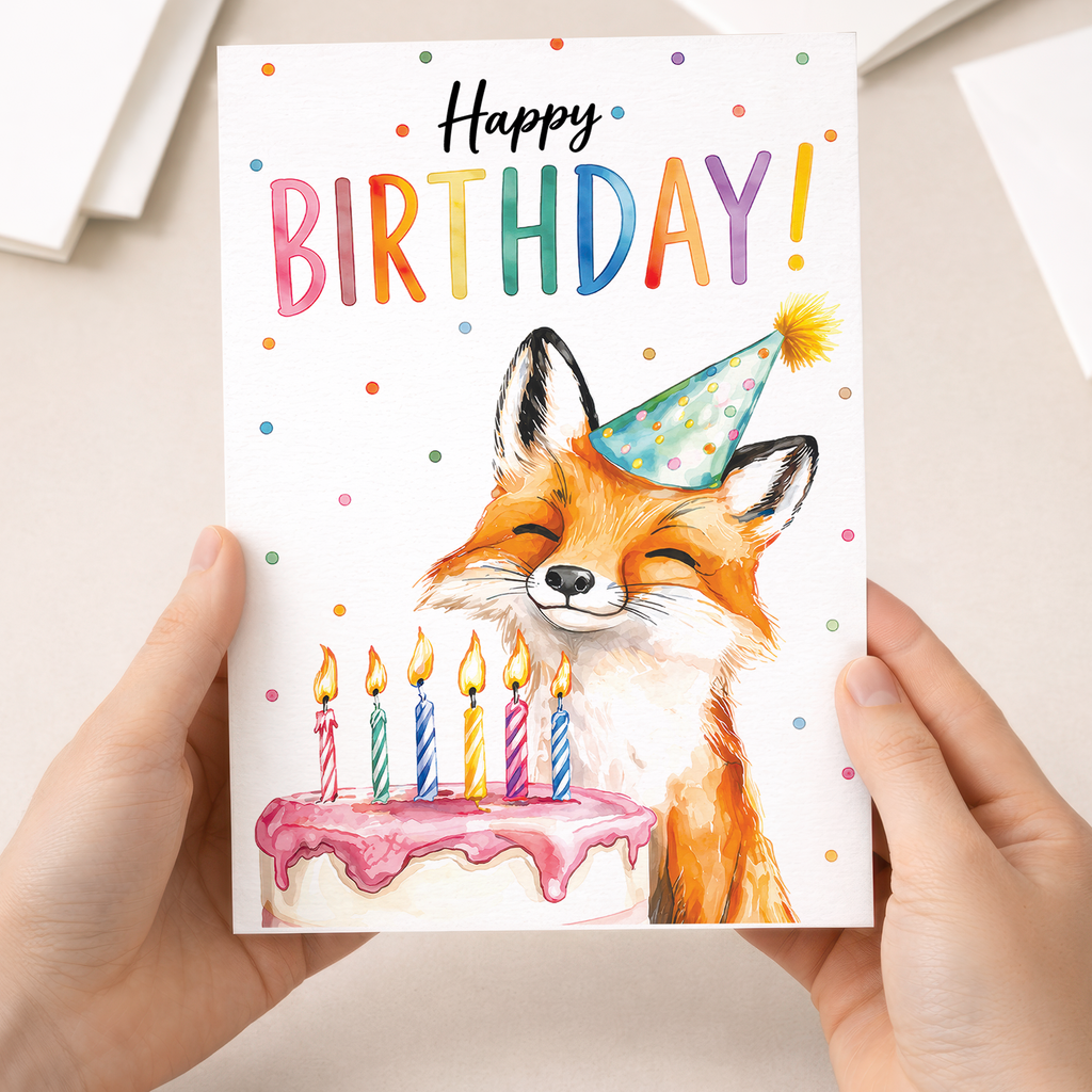 Birthday Card Cute Fox With Cake