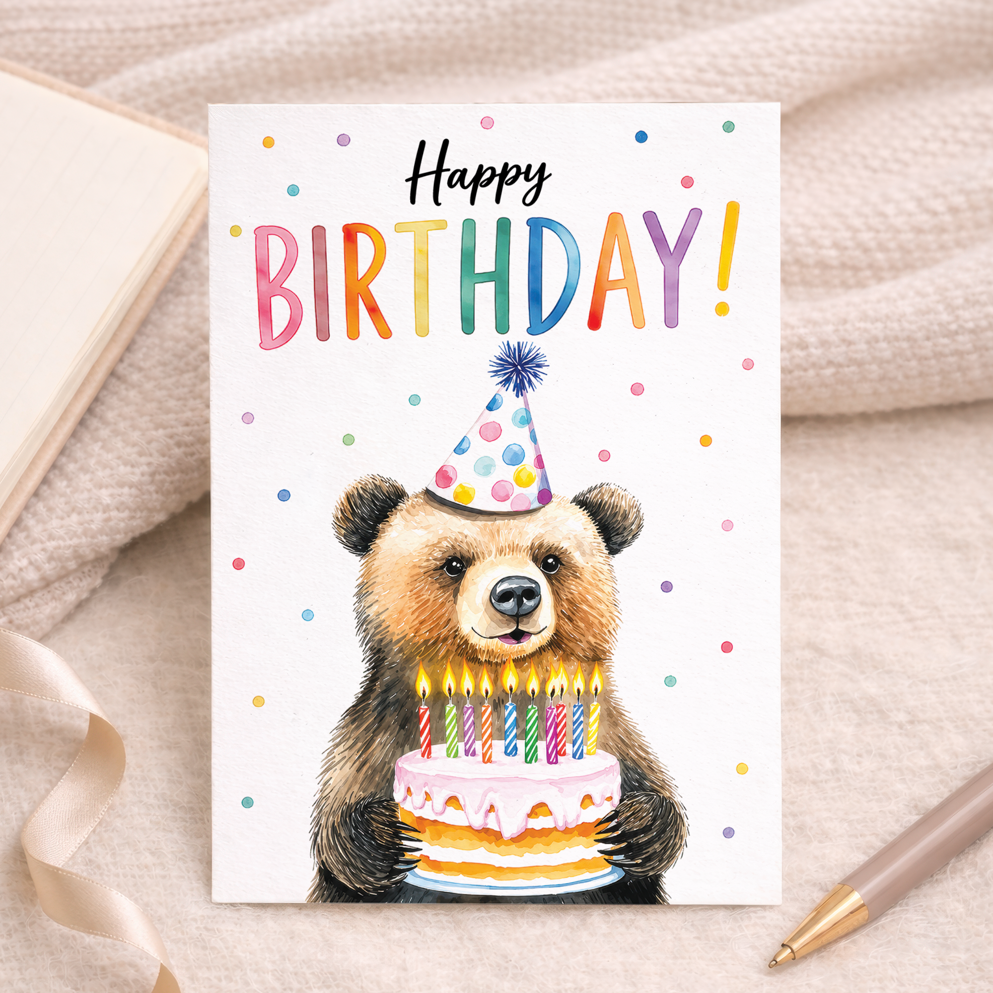 Birthday Card Cute Bear Holding Cake