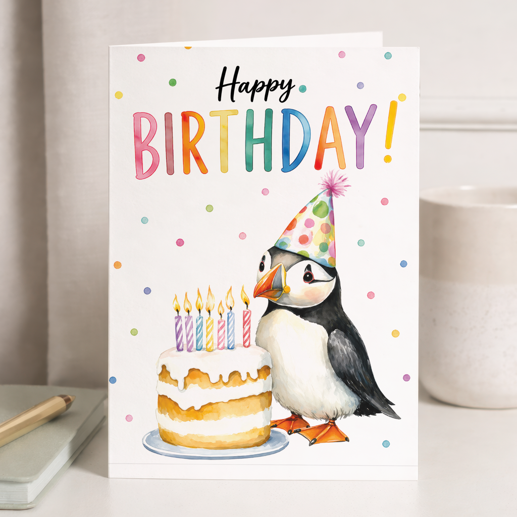 Birthday Card Cute Puffin With Cake