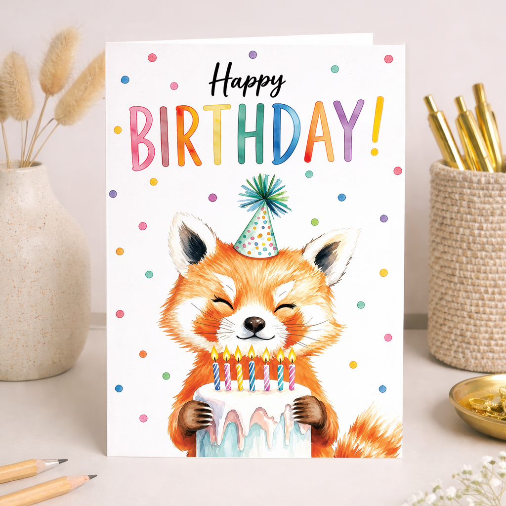 Birthday Card Cute Red Panda Holding Cake