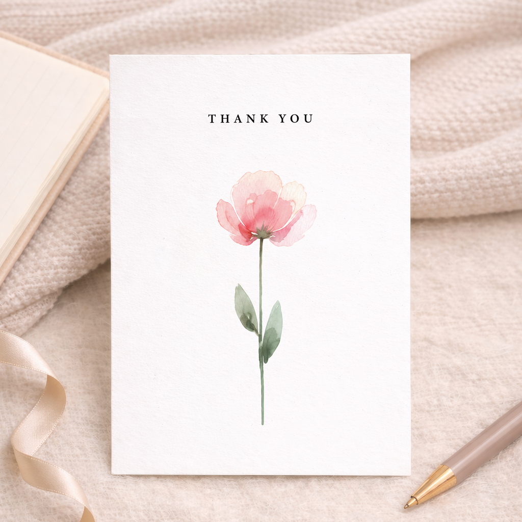 Thank You Card Pink Watercolour Flower Botanical Greeting Card