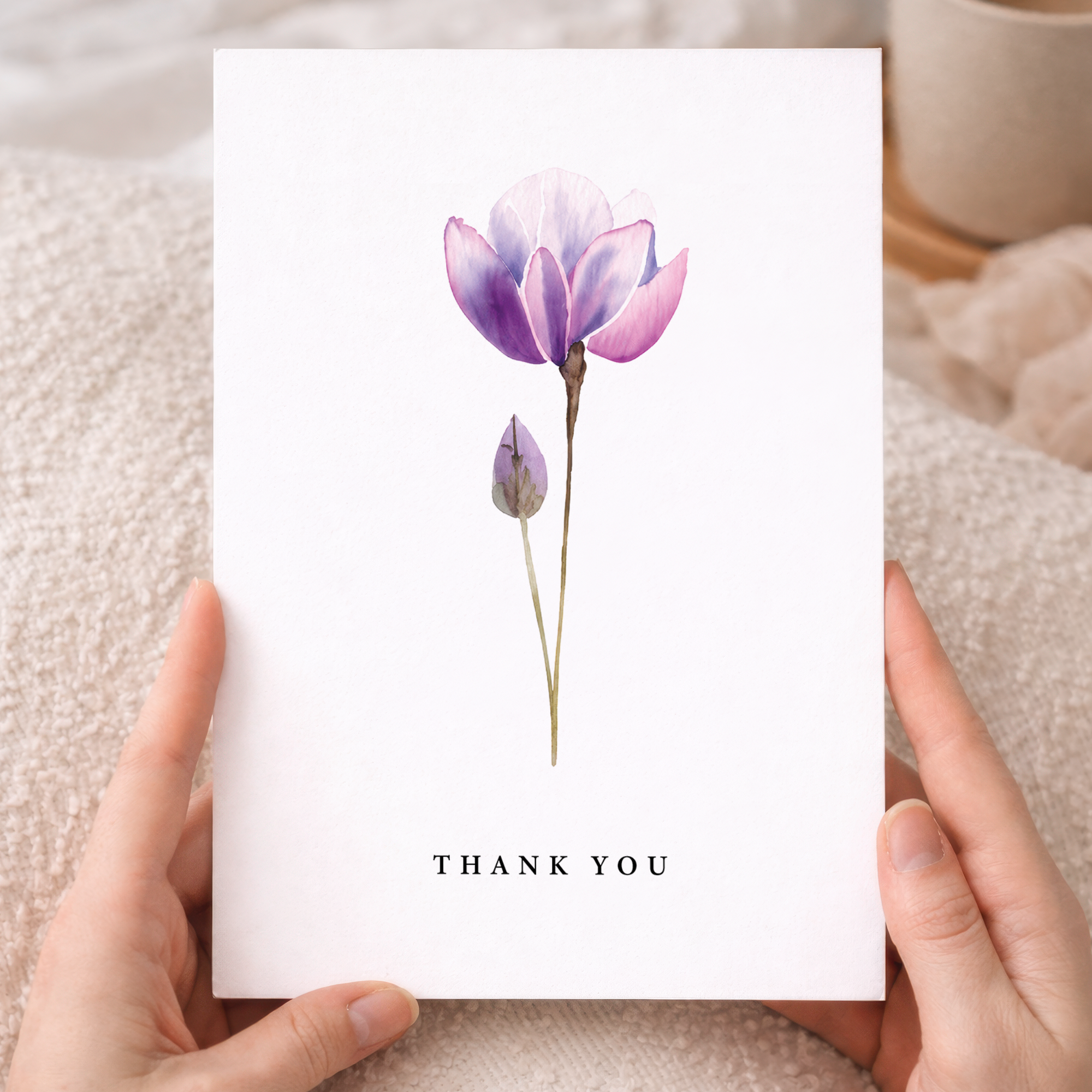 Thank You Card Purple Watercolour Flower Botanical Greeting Card