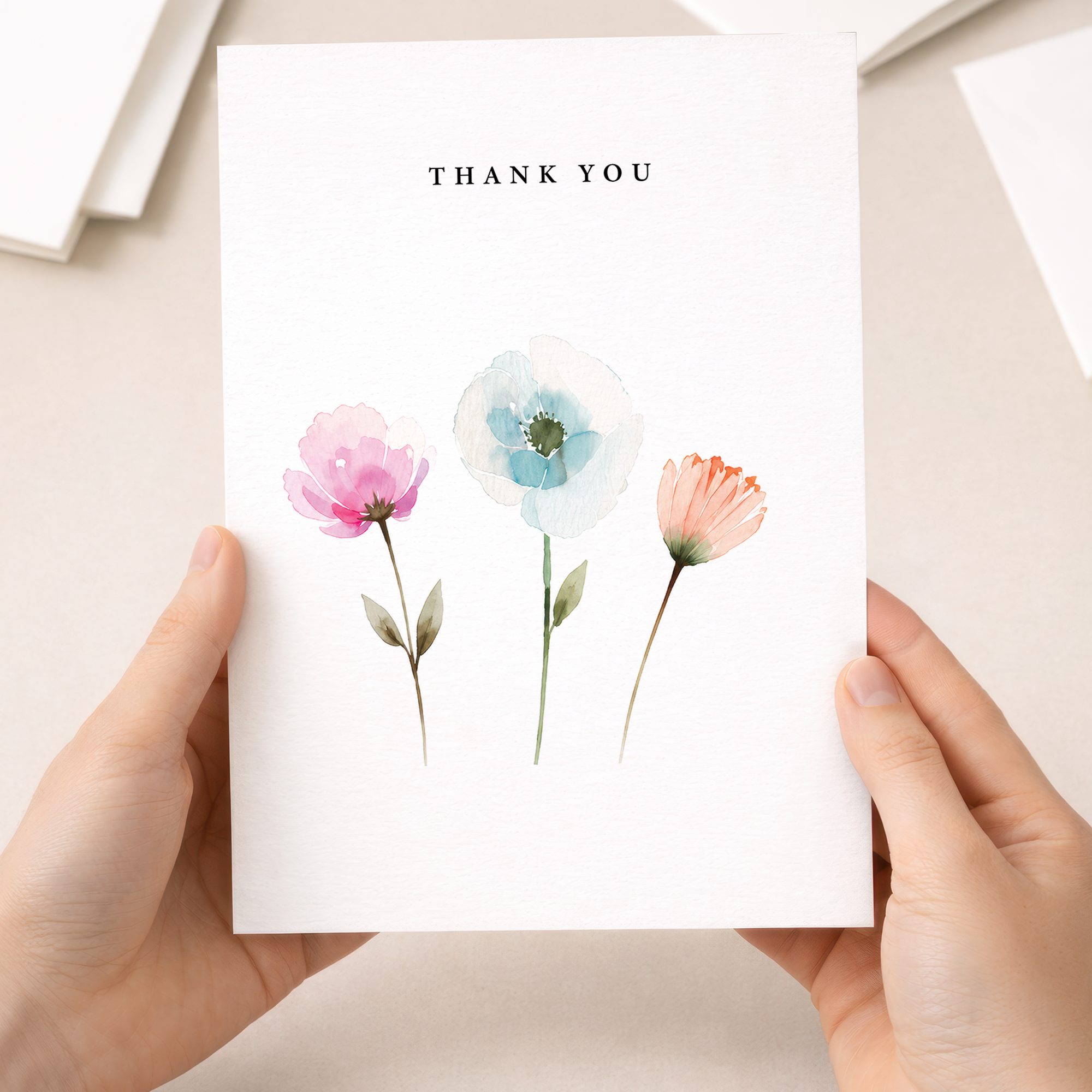 Thank You Card Three Watercolour Flowers Floral Greeting Card