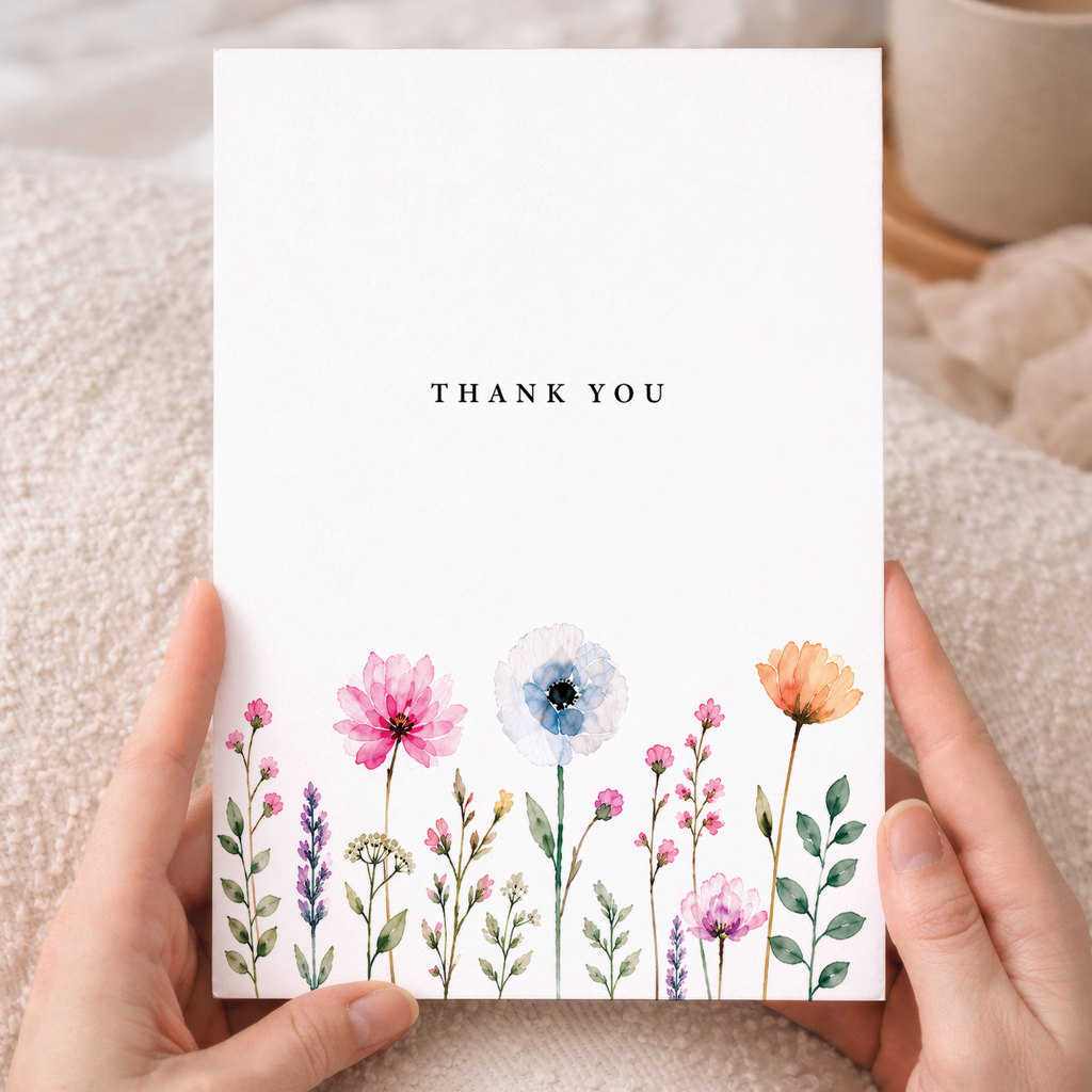 Thank You Card Watercolour Wildflower Border Floral Greeting Card