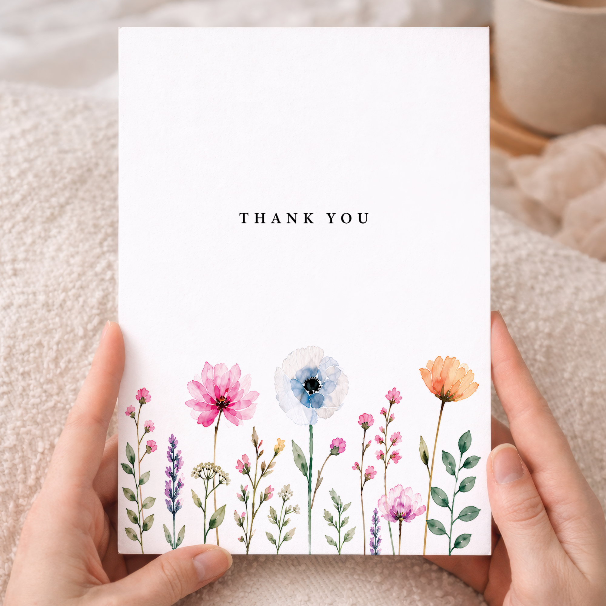 Thank You Card Watercolour Wildflower Border Floral Greeting Card