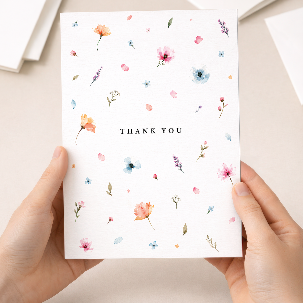 Thank You Card Scattered Watercolour Flowers Floral Greeting Card
