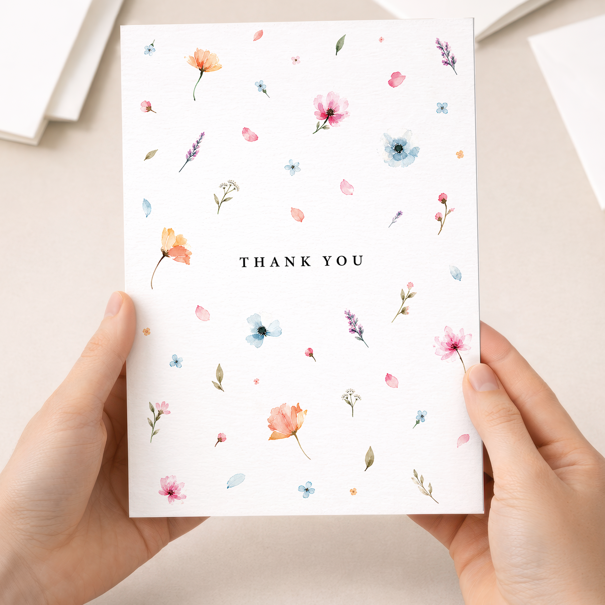 Thank You Card Scattered Watercolour Flowers Floral Greeting Card