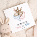 Personalised Twins New Baby Card With Bunny Illustration