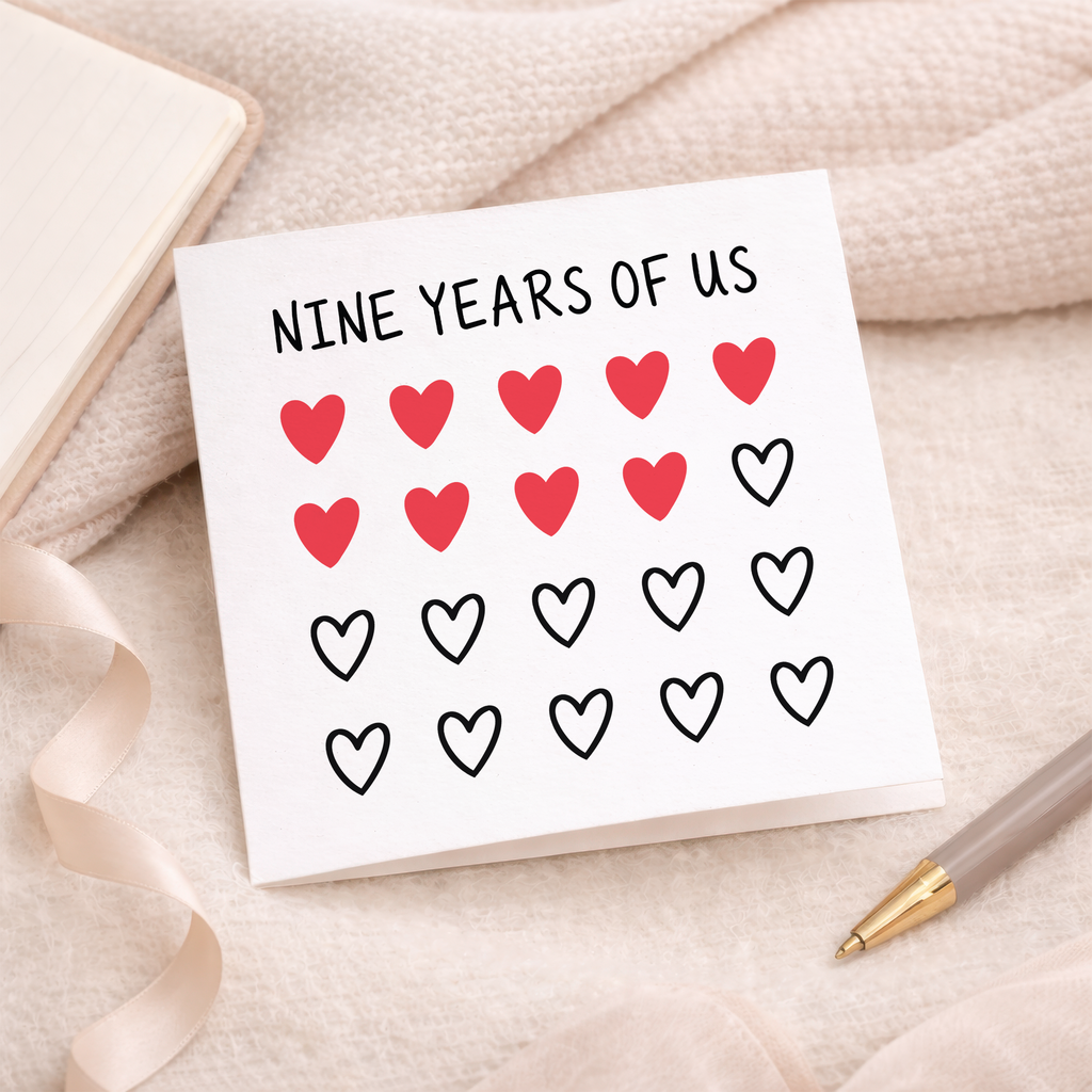 9th Anniversary Card for Couple - Nine Years of Us Hearts Card