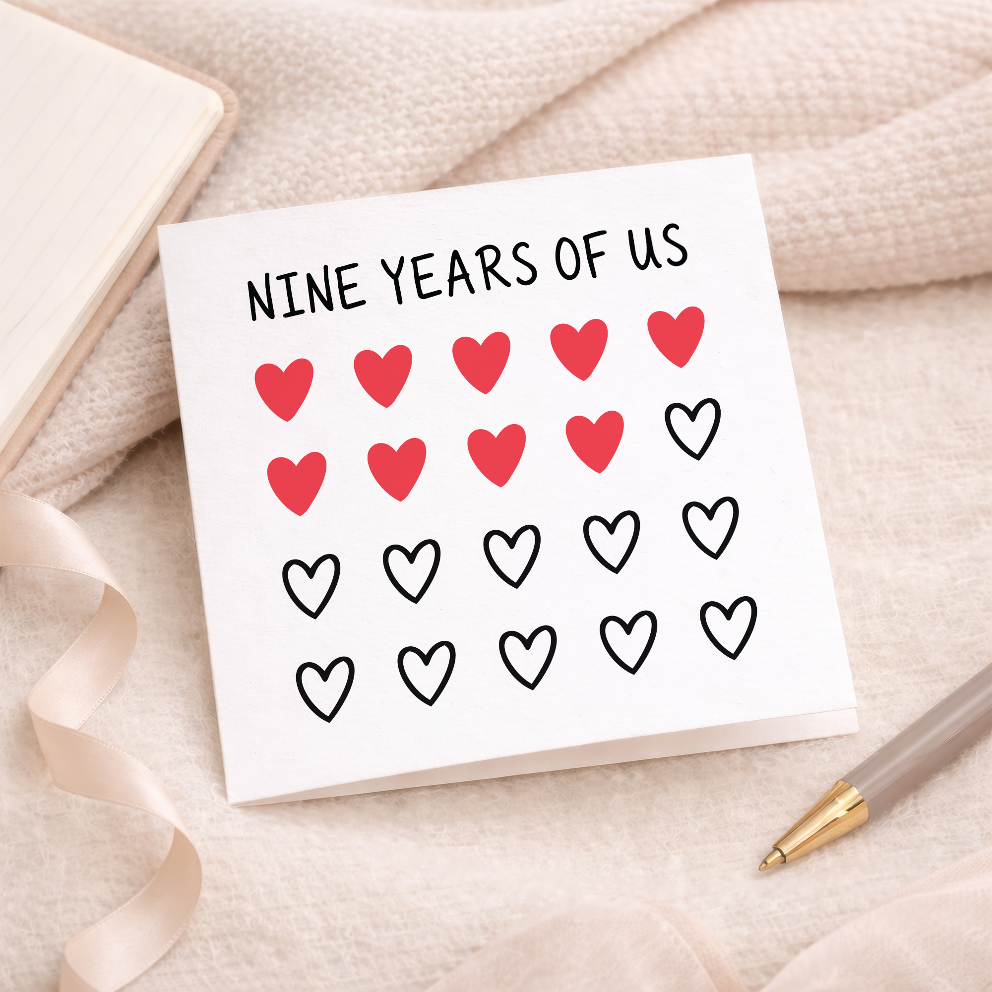 9th Anniversary Card for Couple - Nine Years of Us Hearts Card