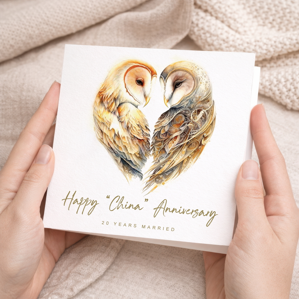 20th Anniversary Card - China Wedding Owl Design