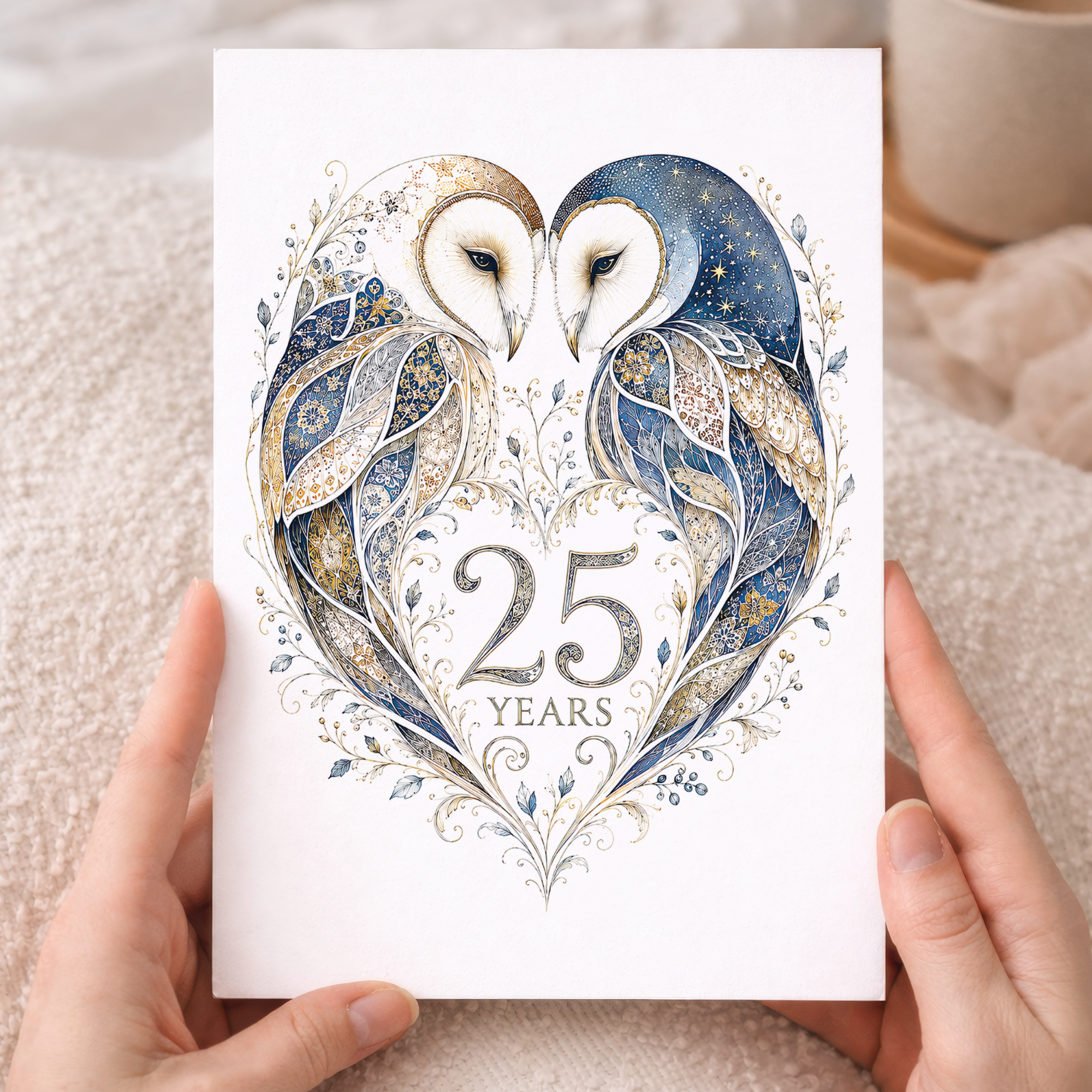 25th Anniversary Card with Owl Heart Illustration
