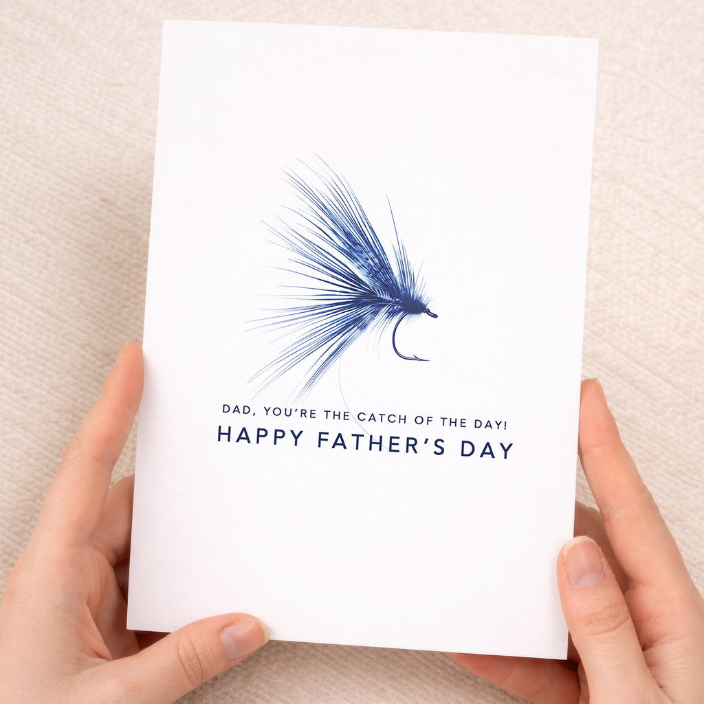 Simple Father's Day greeting card for a fisherman featuring a modern blue and white design with the text You're the Catch of the Day.