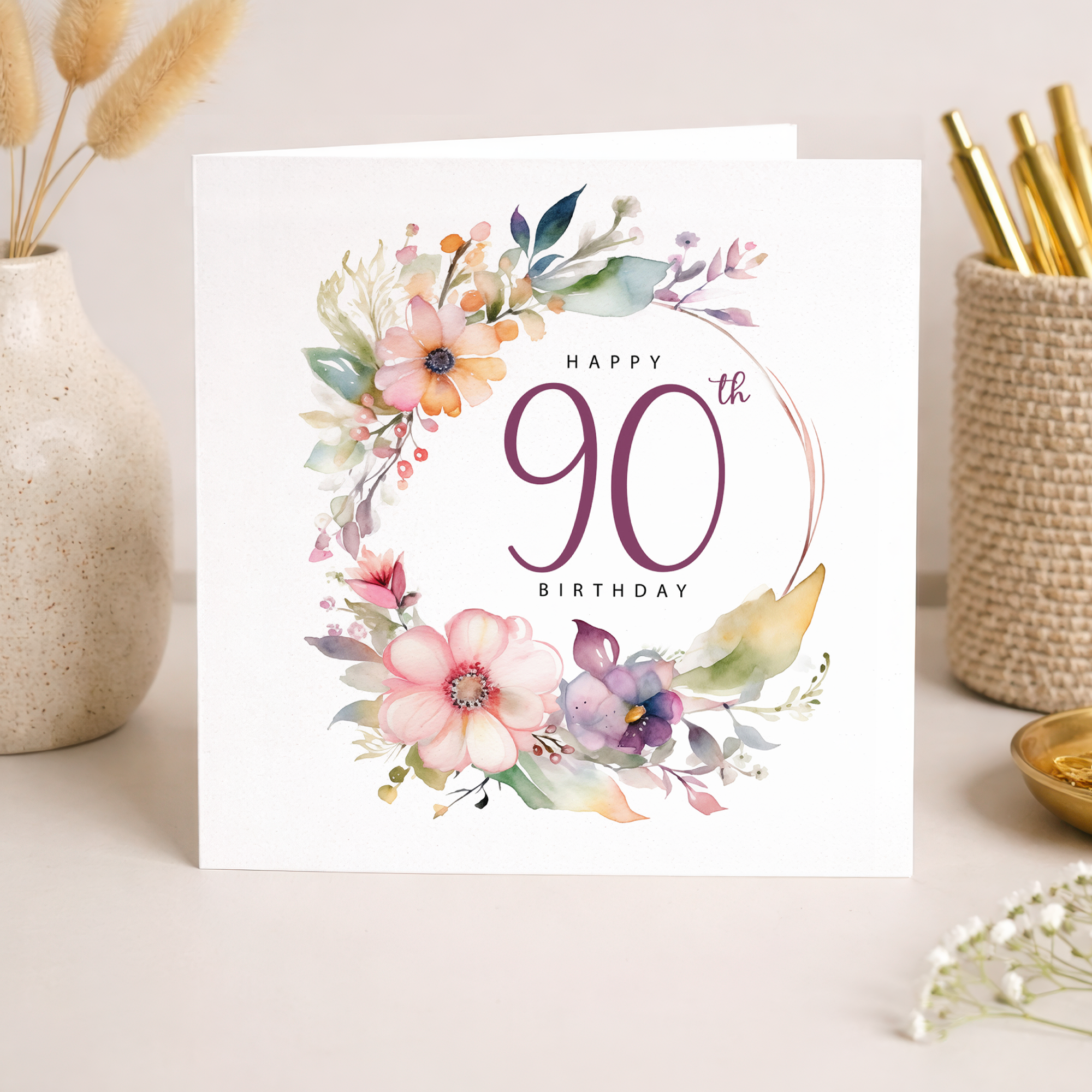 90th Birthday Card For Her Floral Ninetieth Birthday Card Ninty Card For Mum Gran Grandma Auntie 90 Card For Friend Floral Design