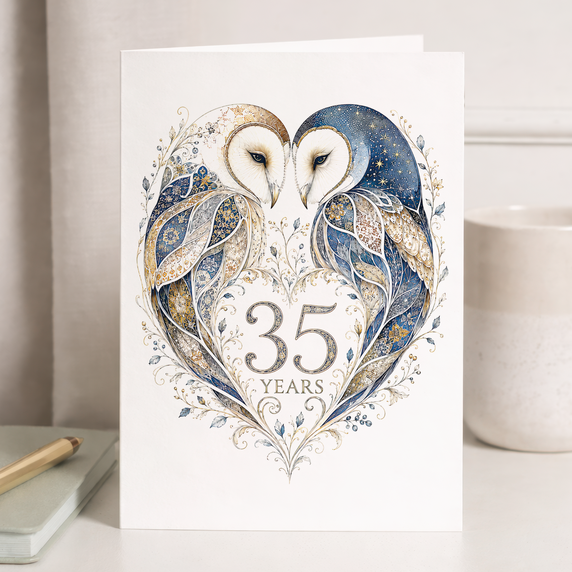 35th Anniversary Card with Owl Heart Illustration