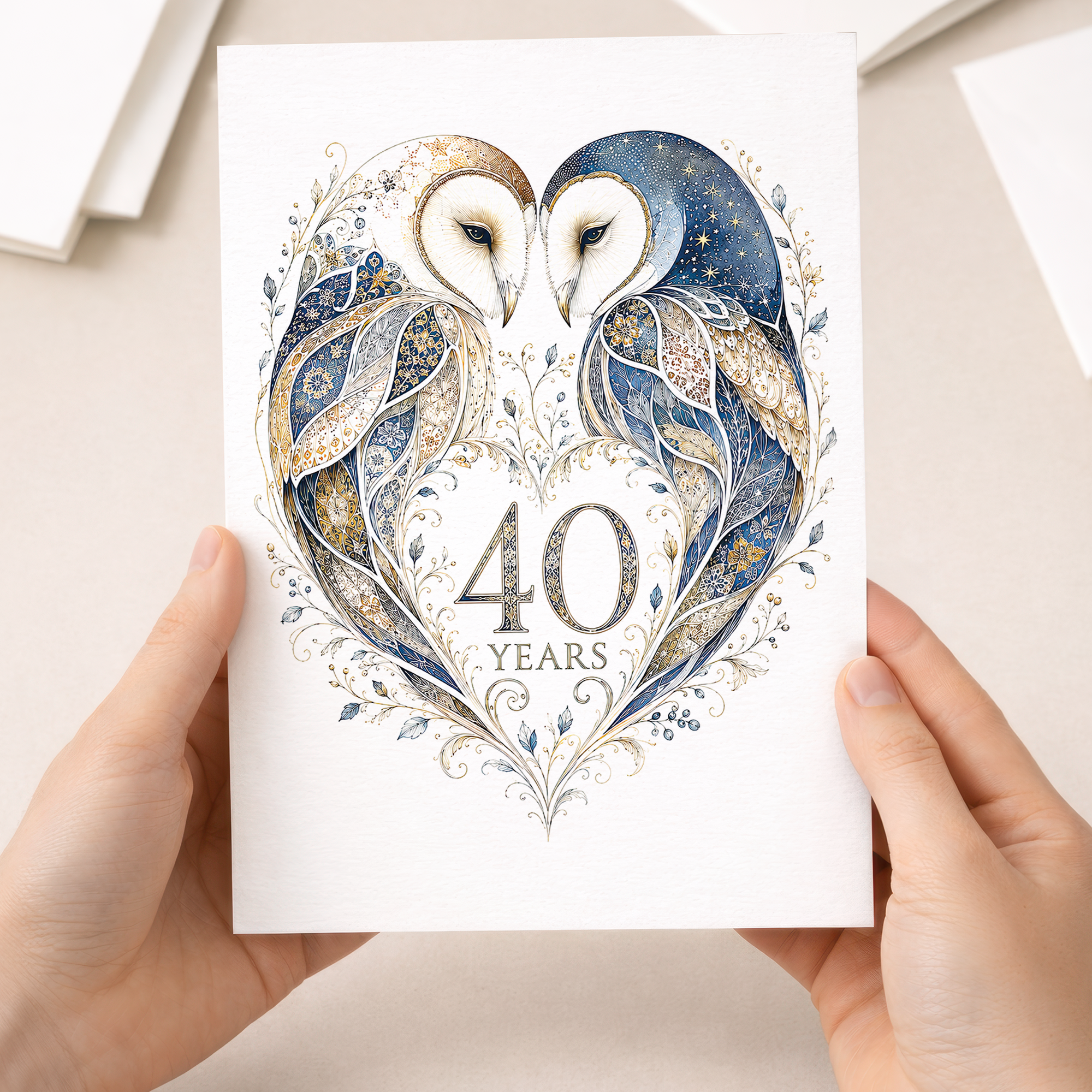 40th Anniversary Card with Owl Heart Illustration
