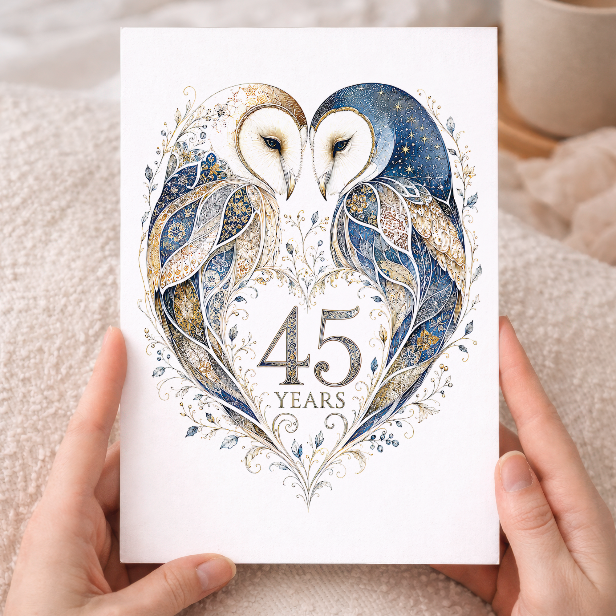 45th Anniversary Card with Owl Heart Illustration