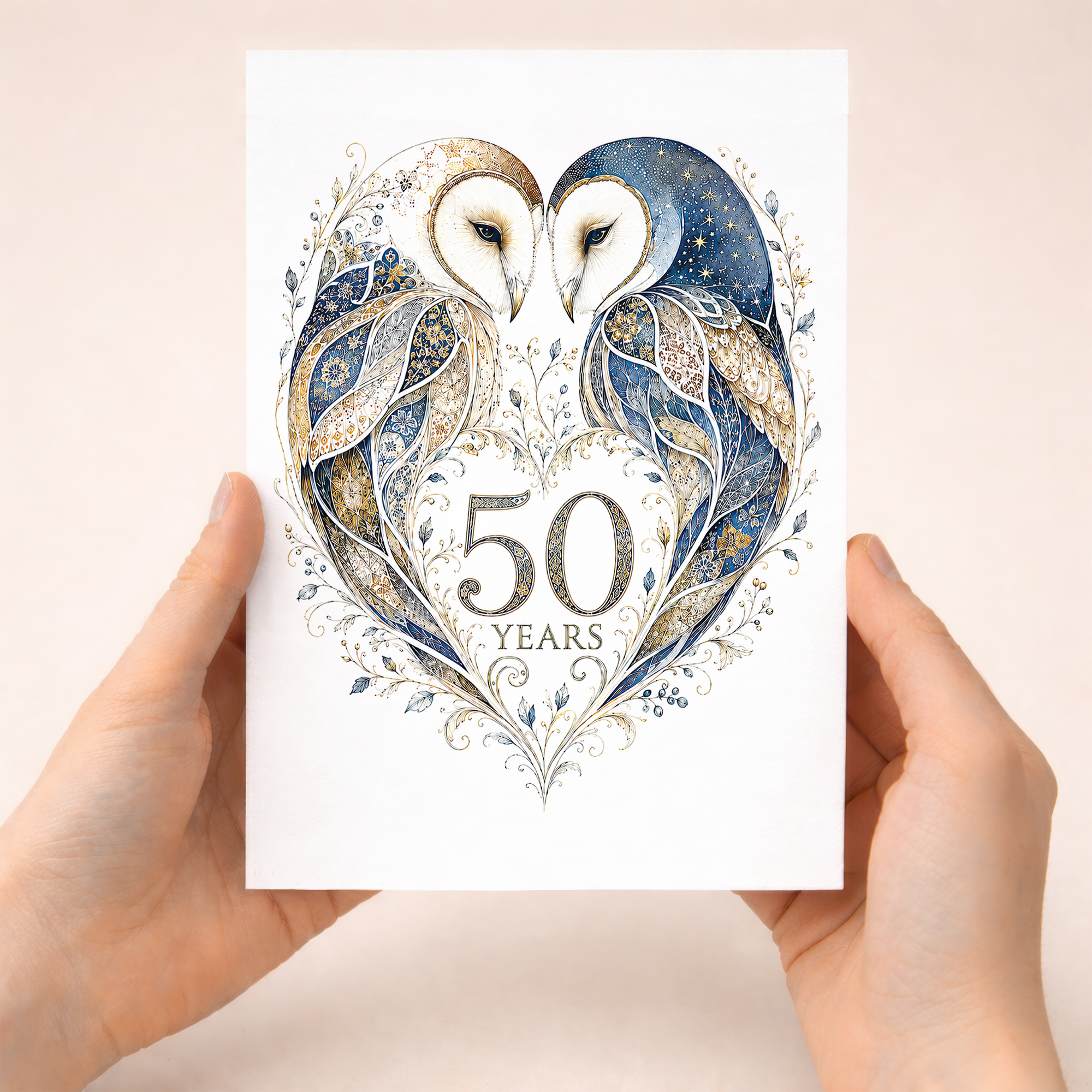 50th Anniversary Card with Owl Heart Illustration