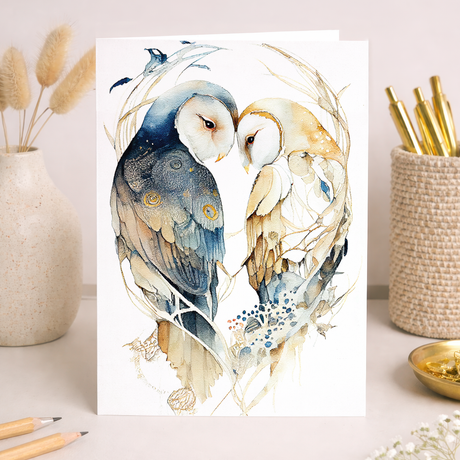 Romantic Valentine's Day greeting card featuring two cute owls on a branch, suitable for husband, wife, or partner.