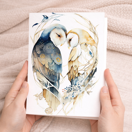 An elegant anniversary greeting card featuring a charming illustration of two owls perched together on a branch, set against a clean white background.
