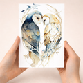 Illustration of a romantic woodland scene featuring two owls perched together on a tree branch.