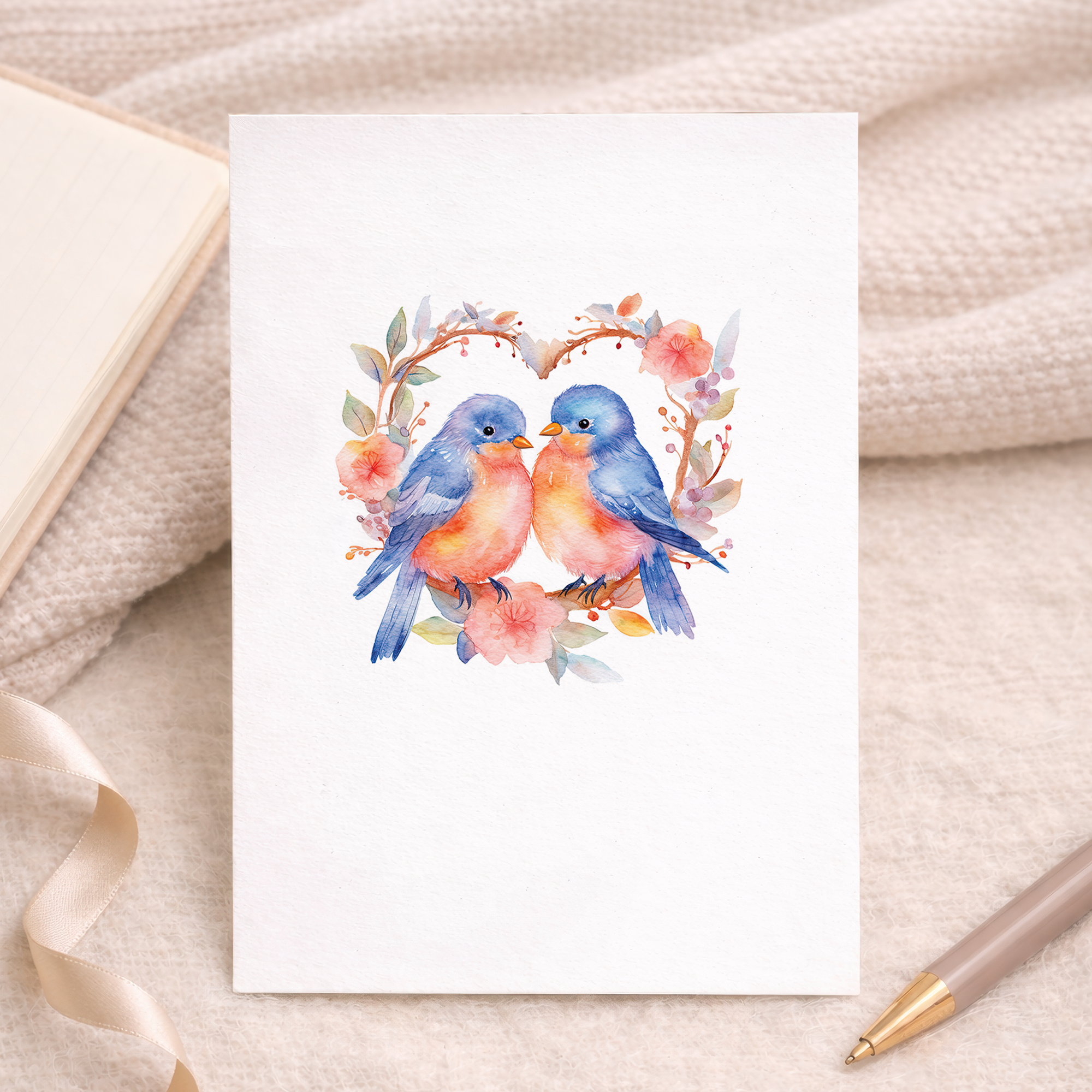 Hand-illustrated anniversary greeting card featuring two blue love birds perched on a floral branch with red flowers and green leaves.