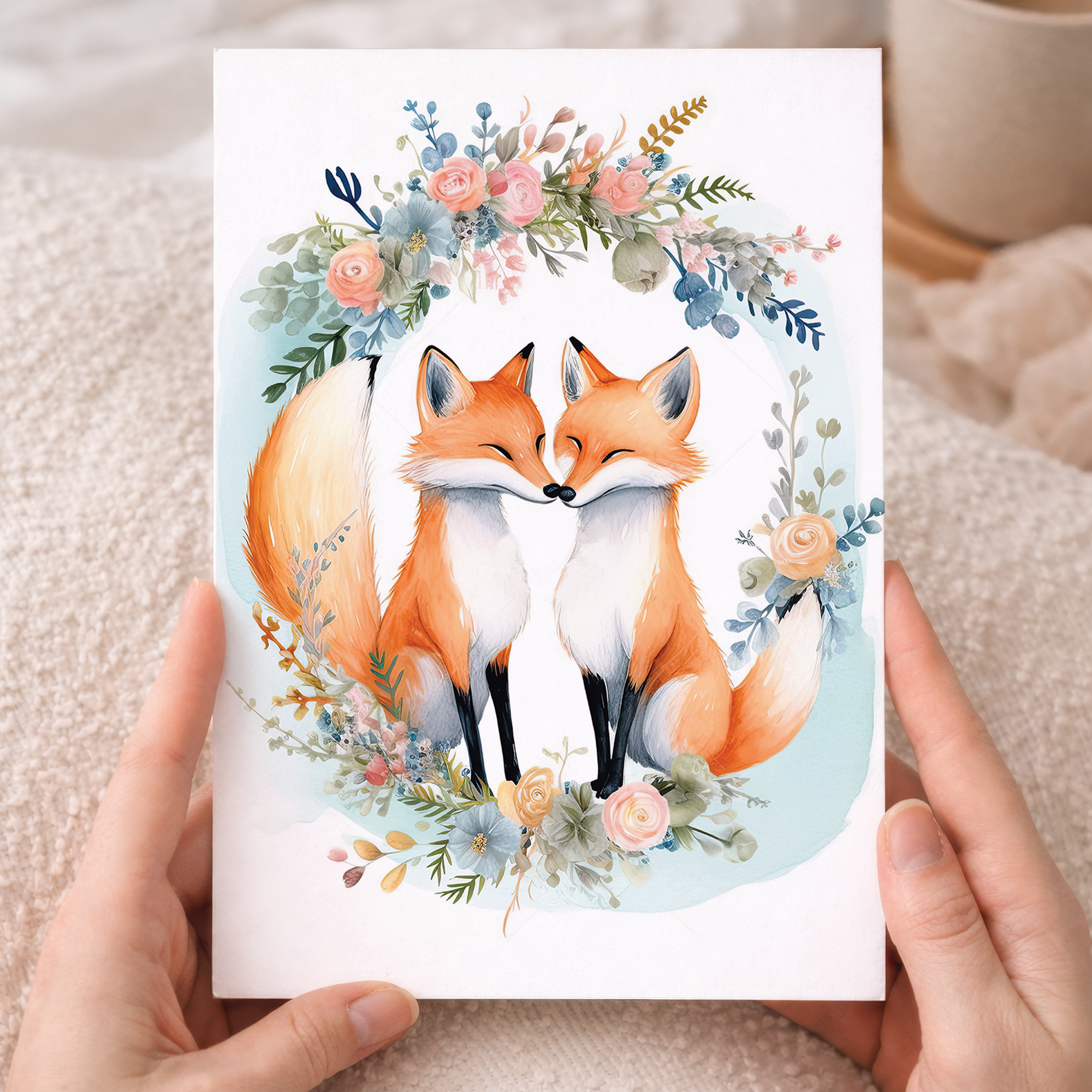 An illustrated anniversary greeting card featuring two cute foxes sitting together surrounded by a green and orange floral wreath on a white background.