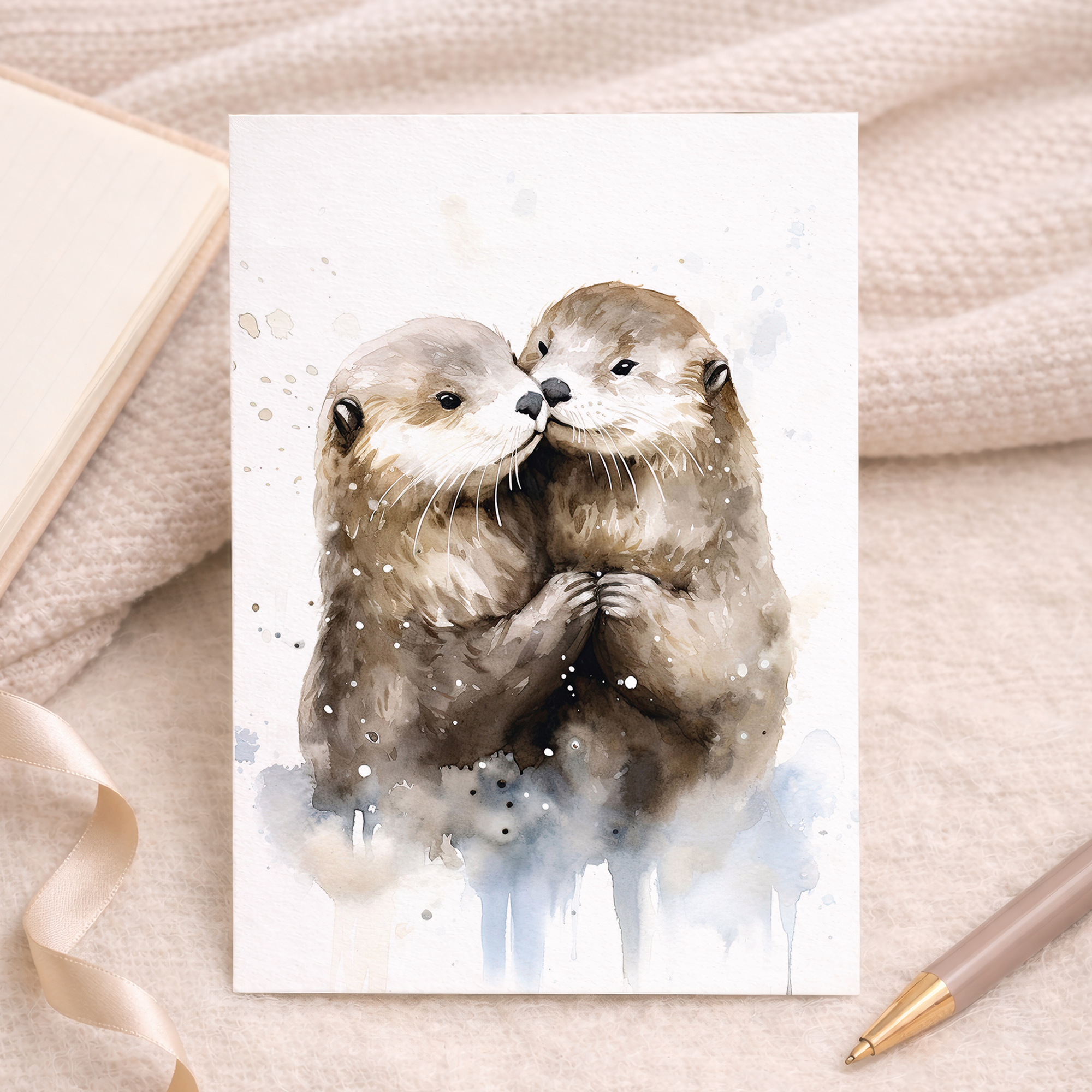 Illustration of two brown otters cuddling and holding hands with two small red hearts above them, set against a cream background.
