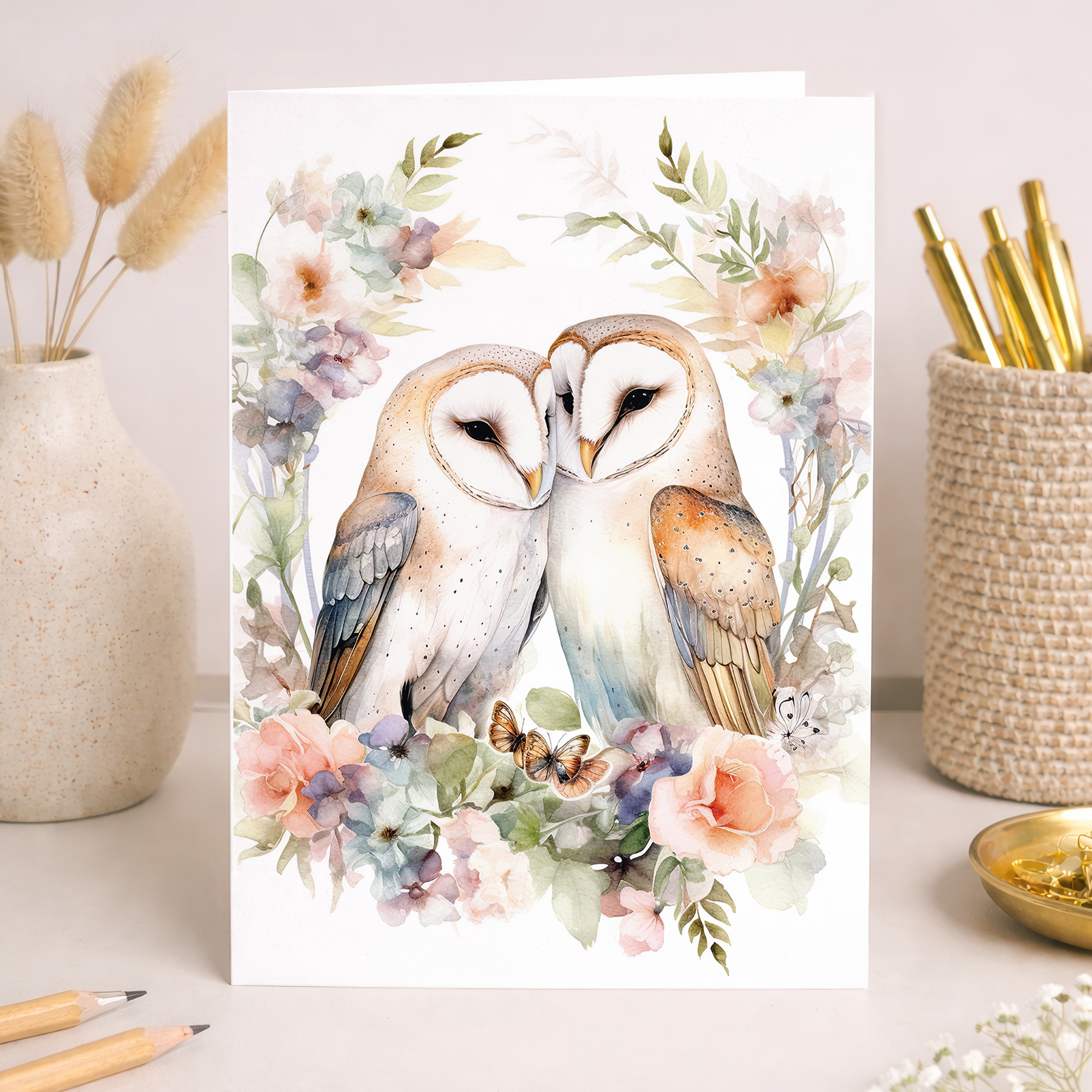 Cute owl illustration on a romantic greeting card for Valentine's Day or anniversaries.