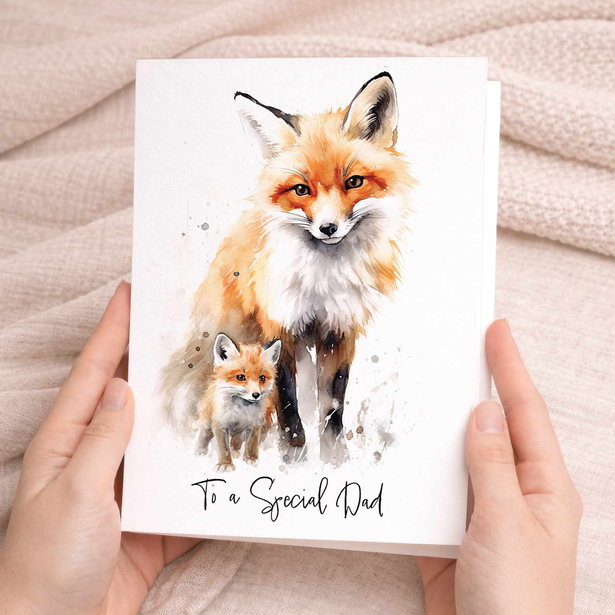 A portrait-oriented greeting card for Dad featuring a cute illustration of a fox with the text Happy Birthday Dad.