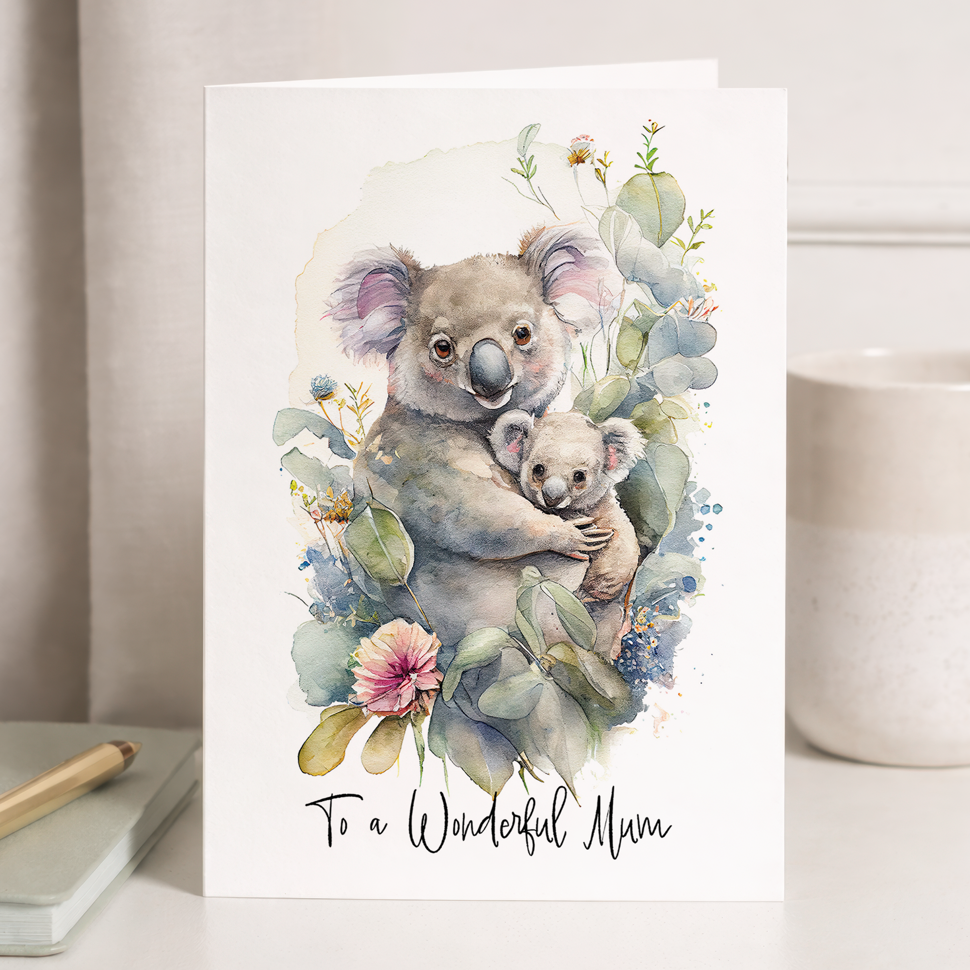 A cute koala illustration on a birthday or Mother's Day greeting card for Mum.